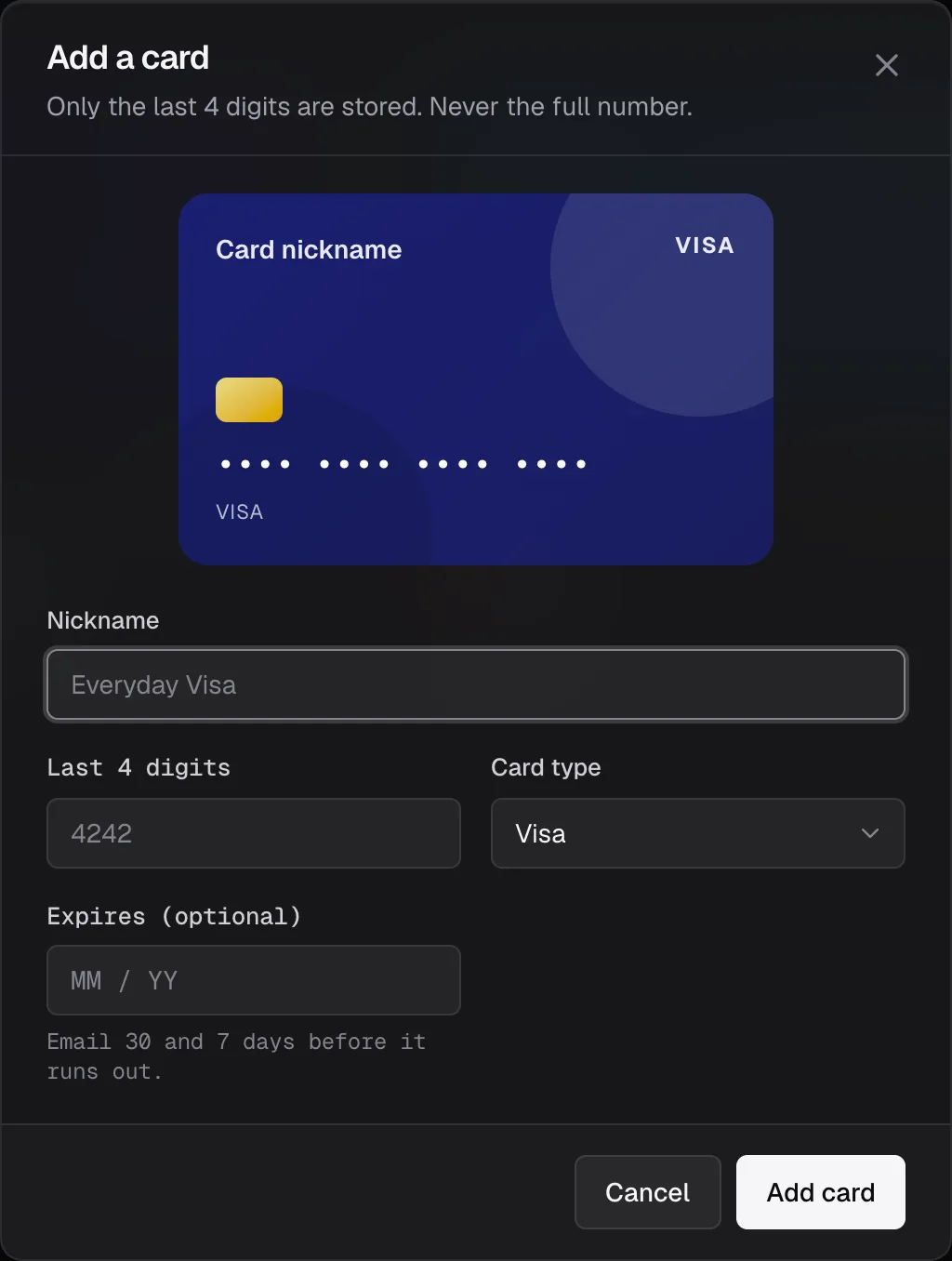 The Add a card dialog: preview, nickname, last four digits, card type and expiry