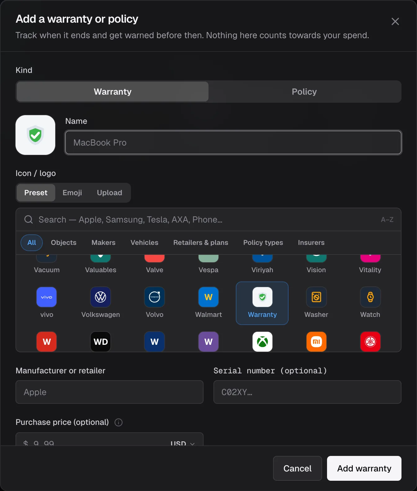 The Add a warranty or policy dialog with the icon picker open