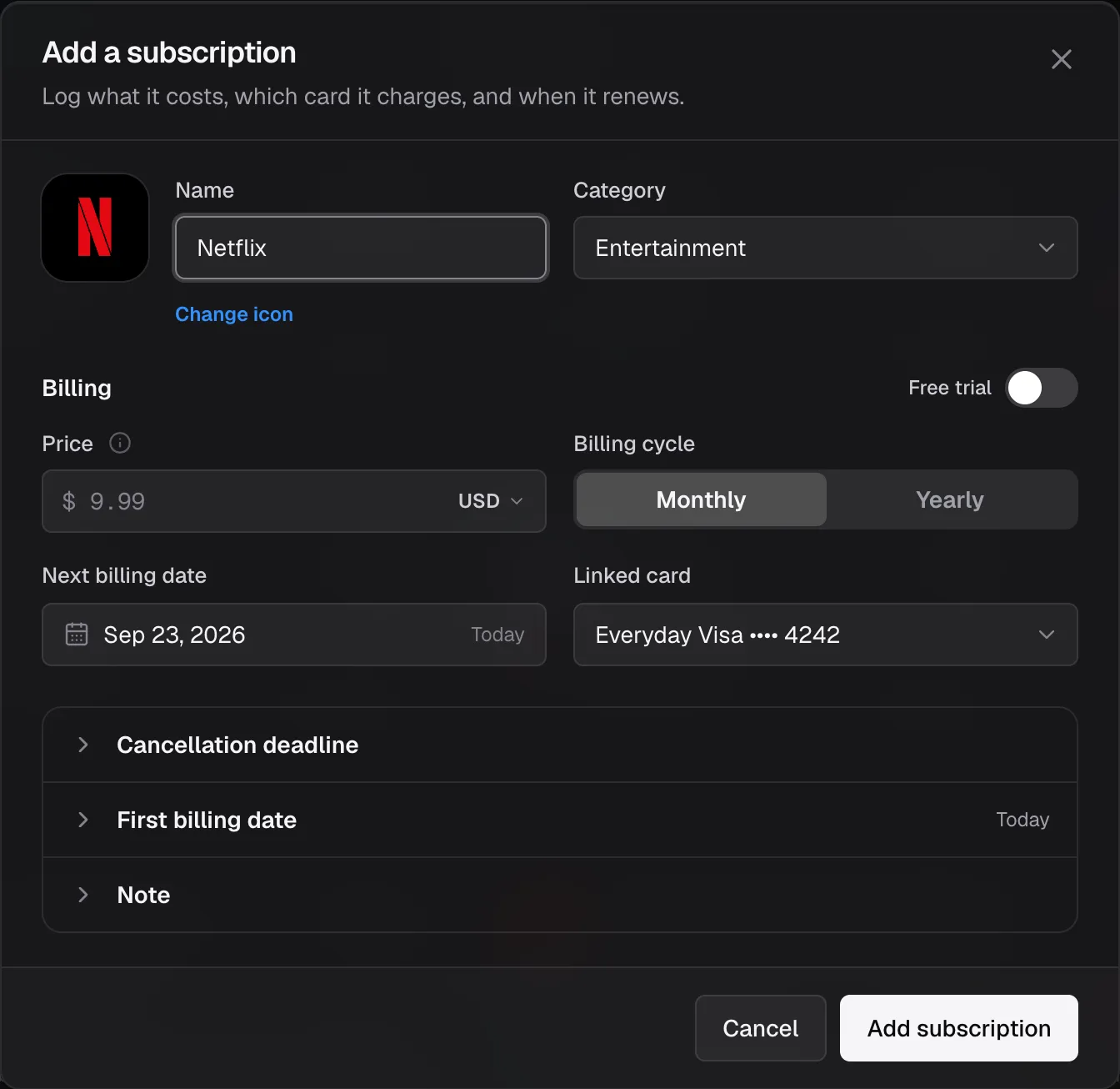 The form after typing Netflix: the Netflix tile and the Entertainment category filled in