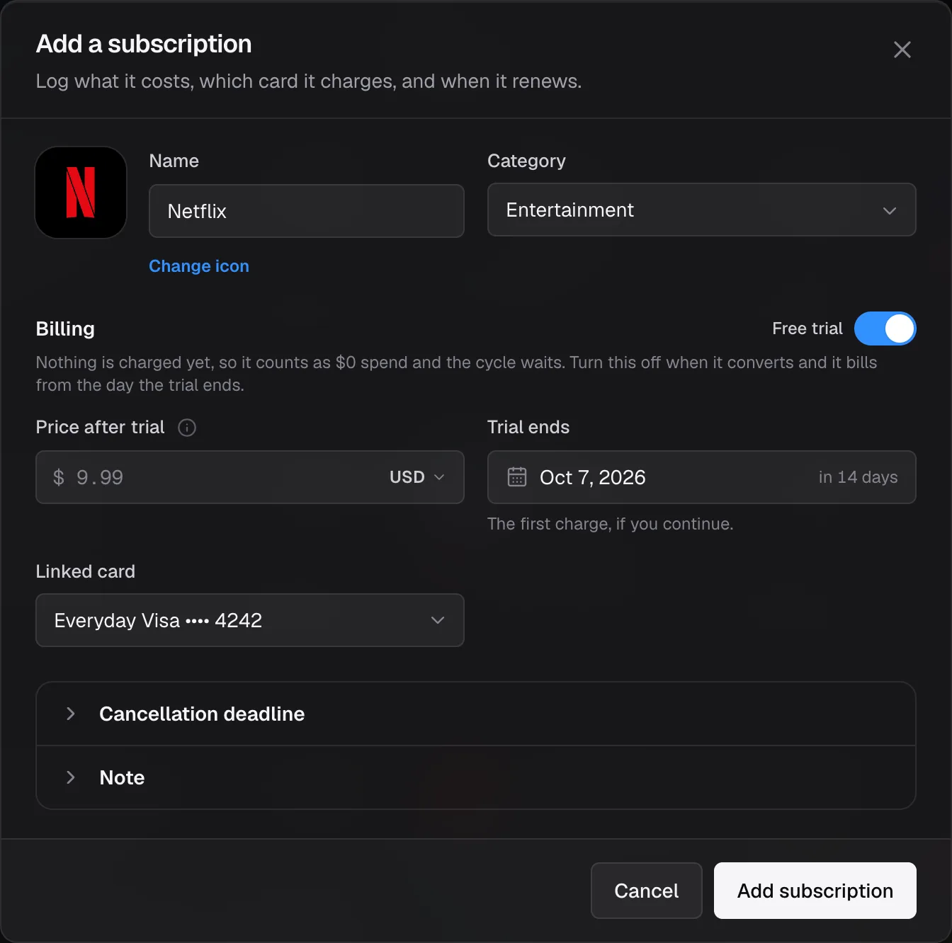 The form with Free trial on: the cycle is hidden and the date reads Trial ends