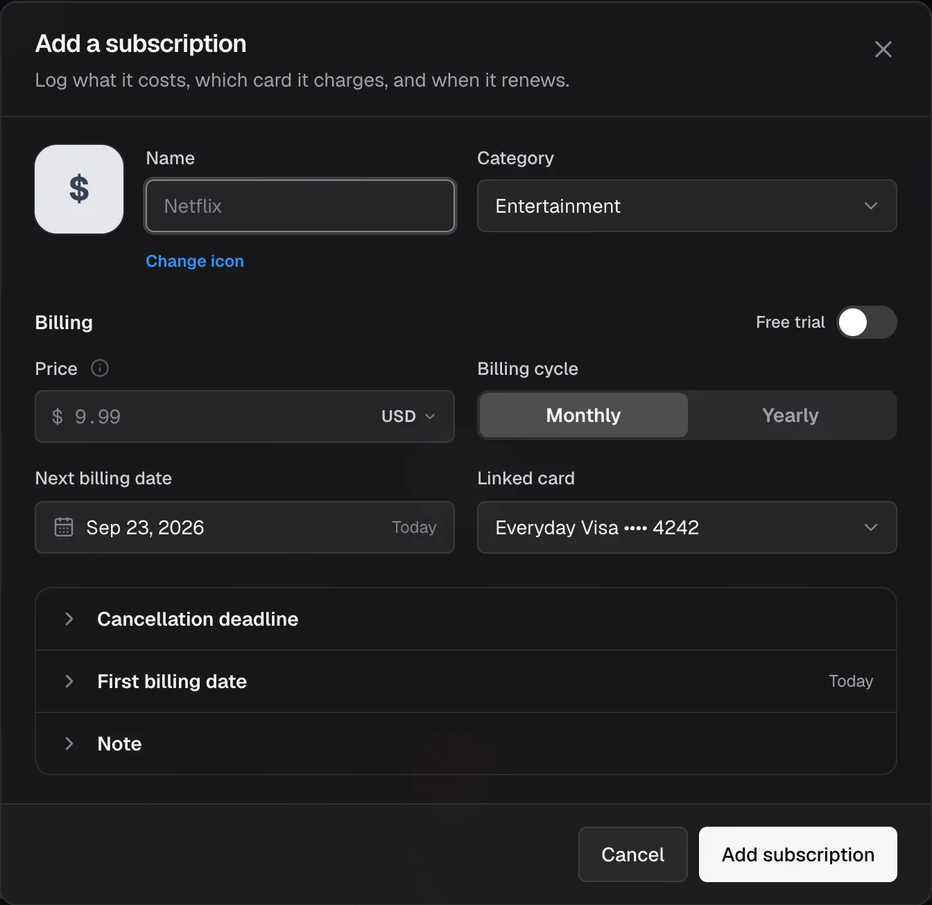 The Add a subscription form: name, category, price, cycle, first billing date and linked card