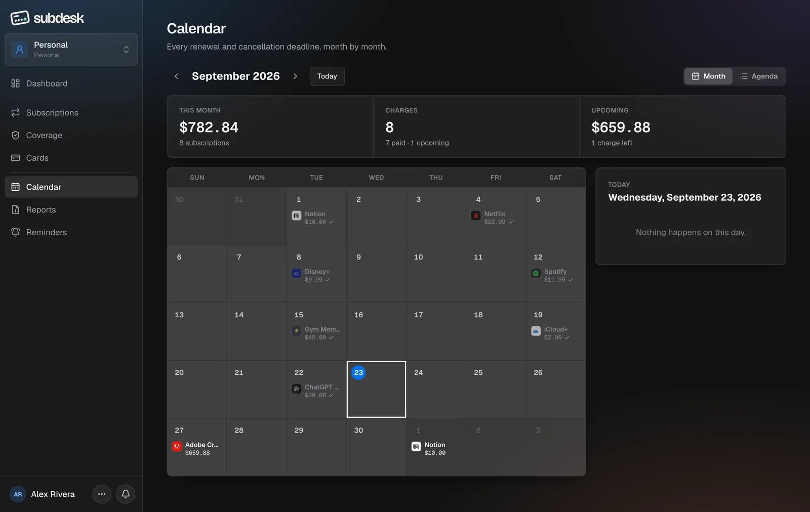 The Calendar page: every renewal and deadline by month