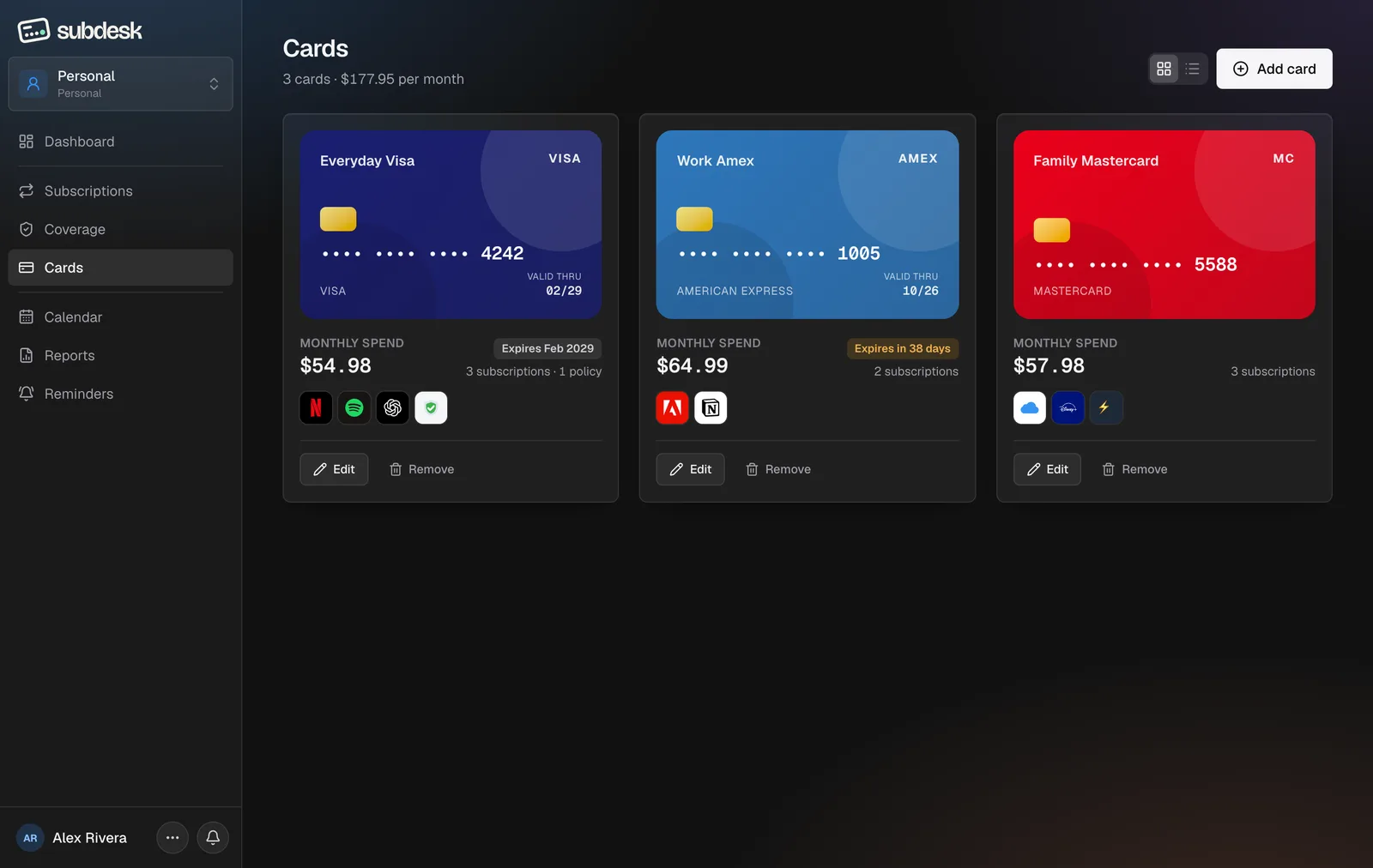 The Cards page: one tile per card with monthly spend and the linked services
