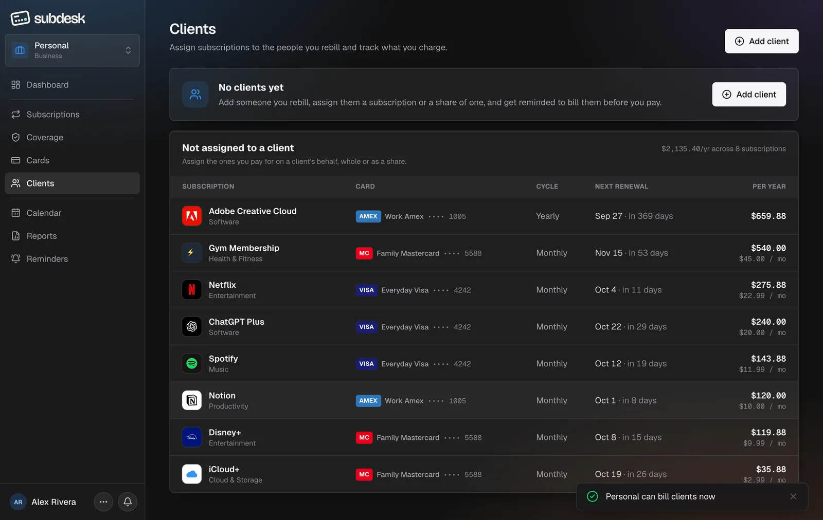The Clients page with the list of subscriptions not yet assigned to a client