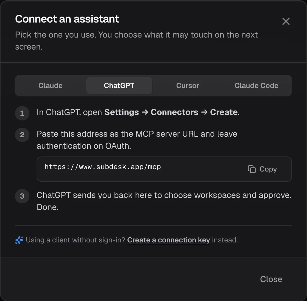 The Connect an assistant dialog on the ChatGPT tab