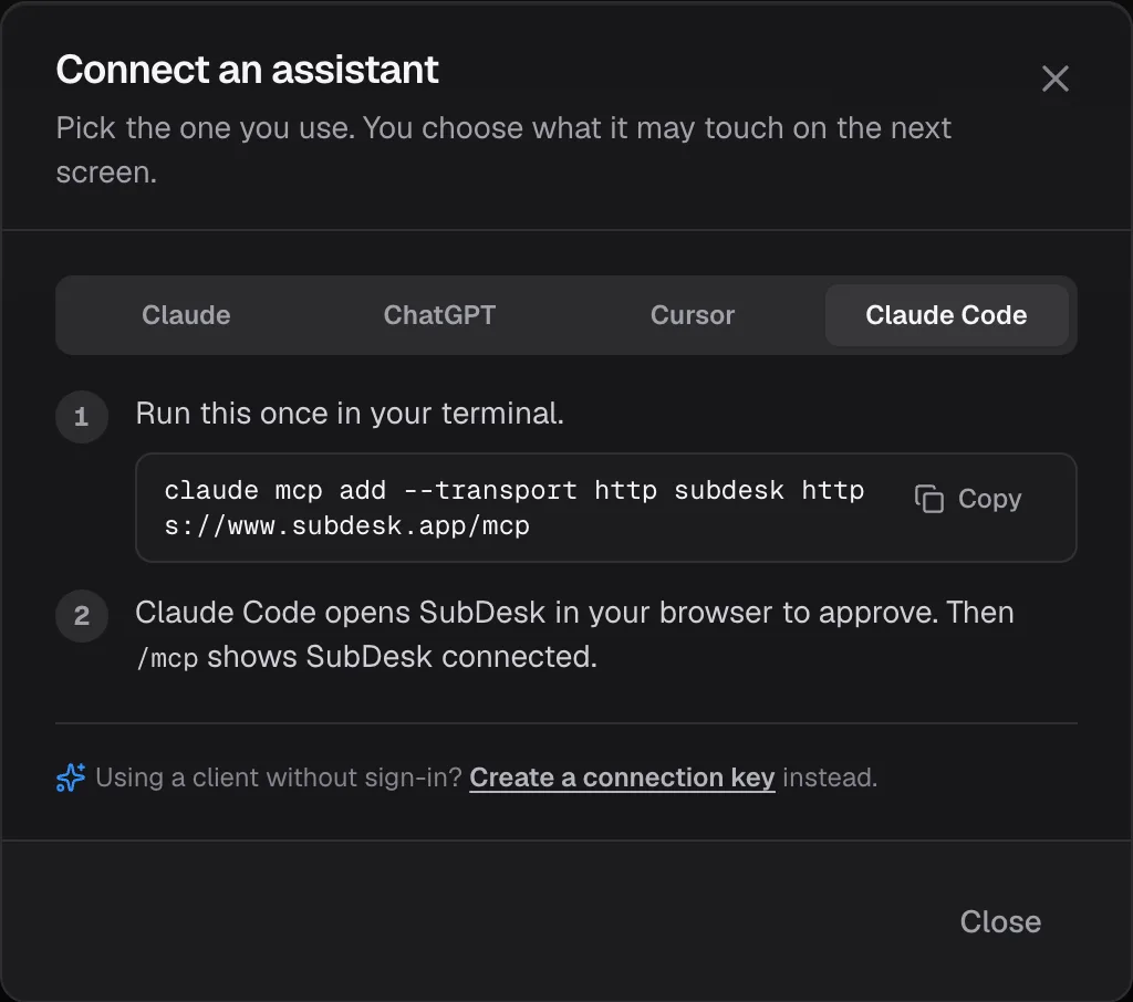 The Connect an assistant dialog on the Claude Code tab, with the terminal command