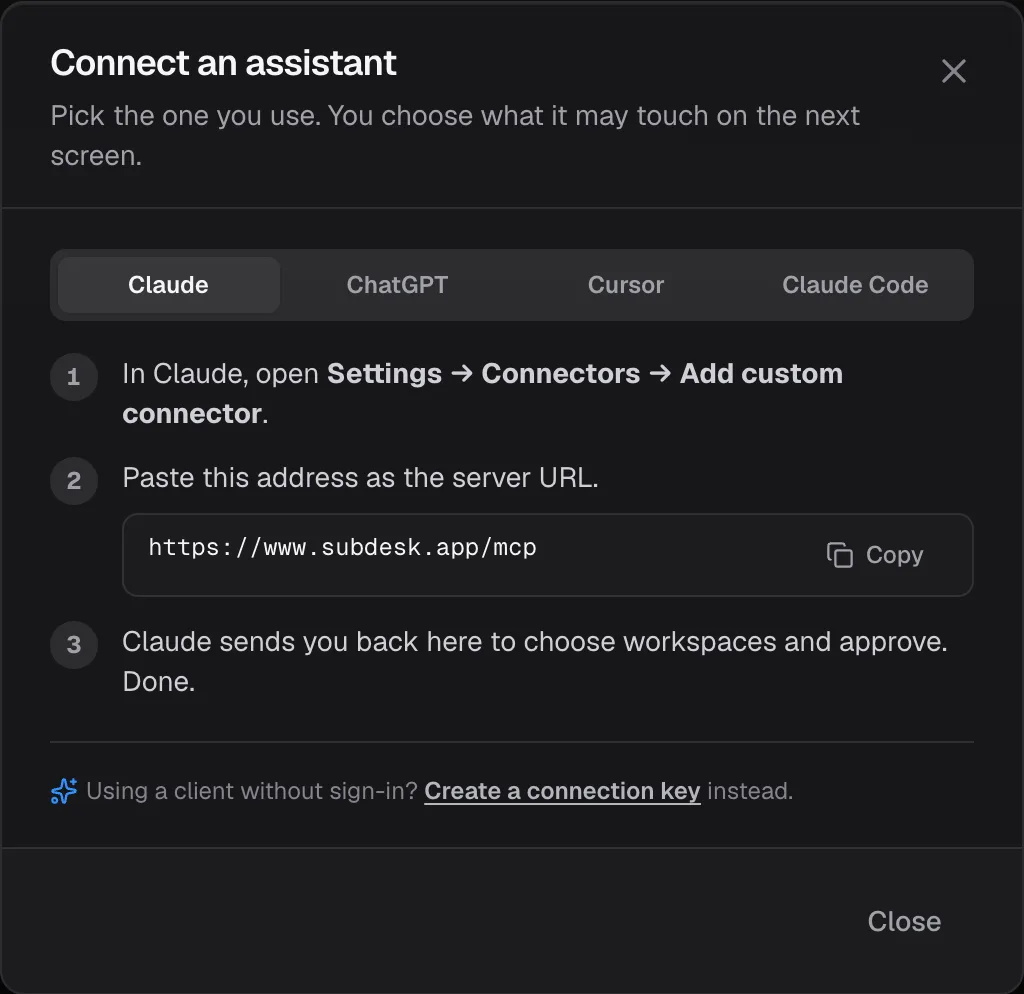 The Connect an assistant dialog on the Claude tab, with the server address and a Copy button
