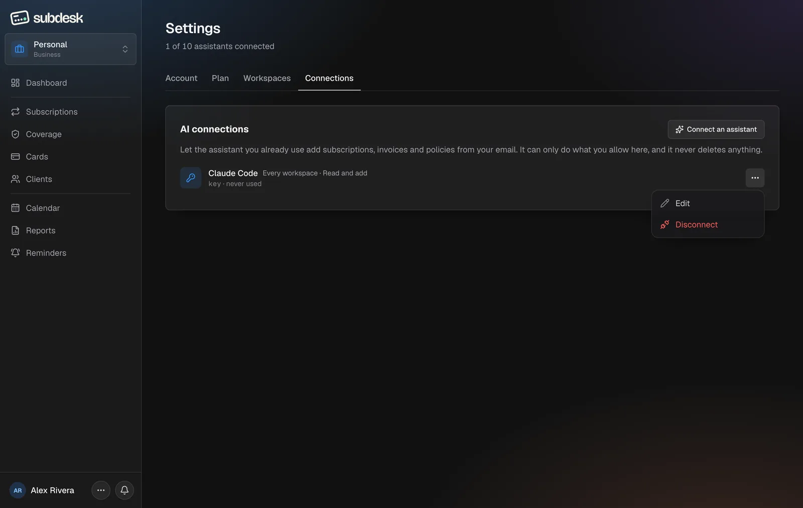 The row menu of a connection, with Edit and Disconnect