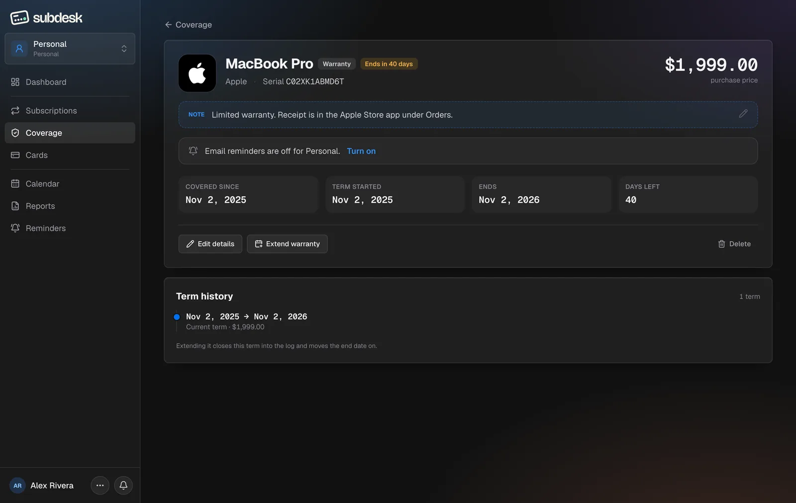 A warranty page: dates, days left, price, actions and term history