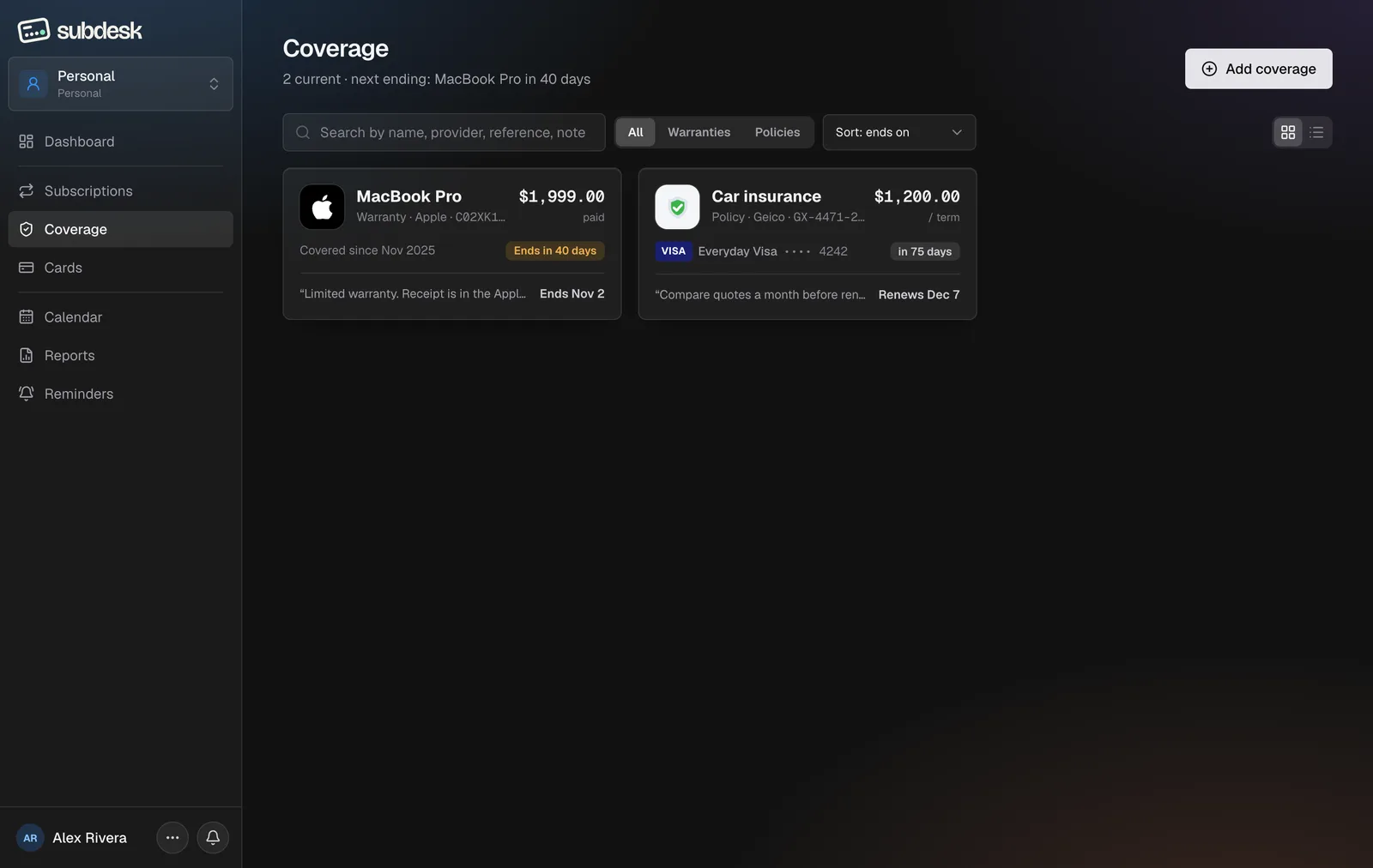 The Coverage page listing a warranty and a policy with their end dates