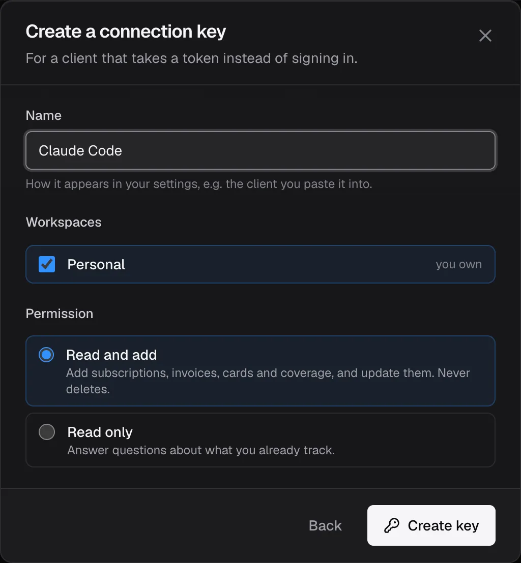 The Create a connection key dialog: name, workspaces and permission