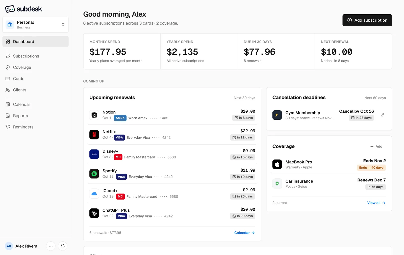 The dashboard in the light theme