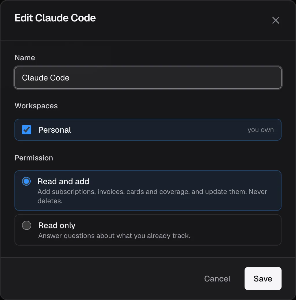 The Edit connection dialog: name, workspaces and permission