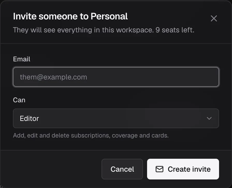 The Invite dialog: email and role
