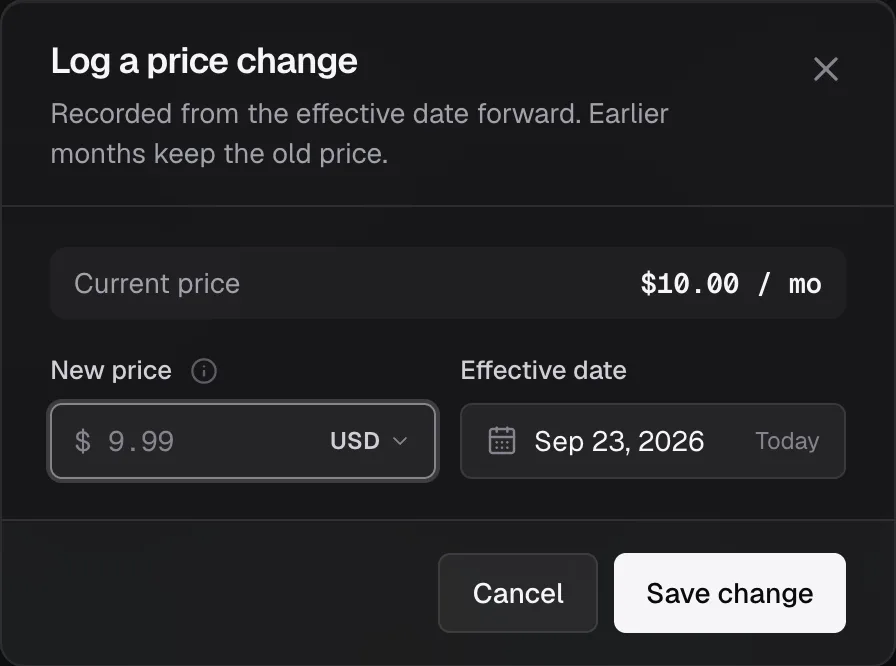 The Log price change dialog: new price and effective date