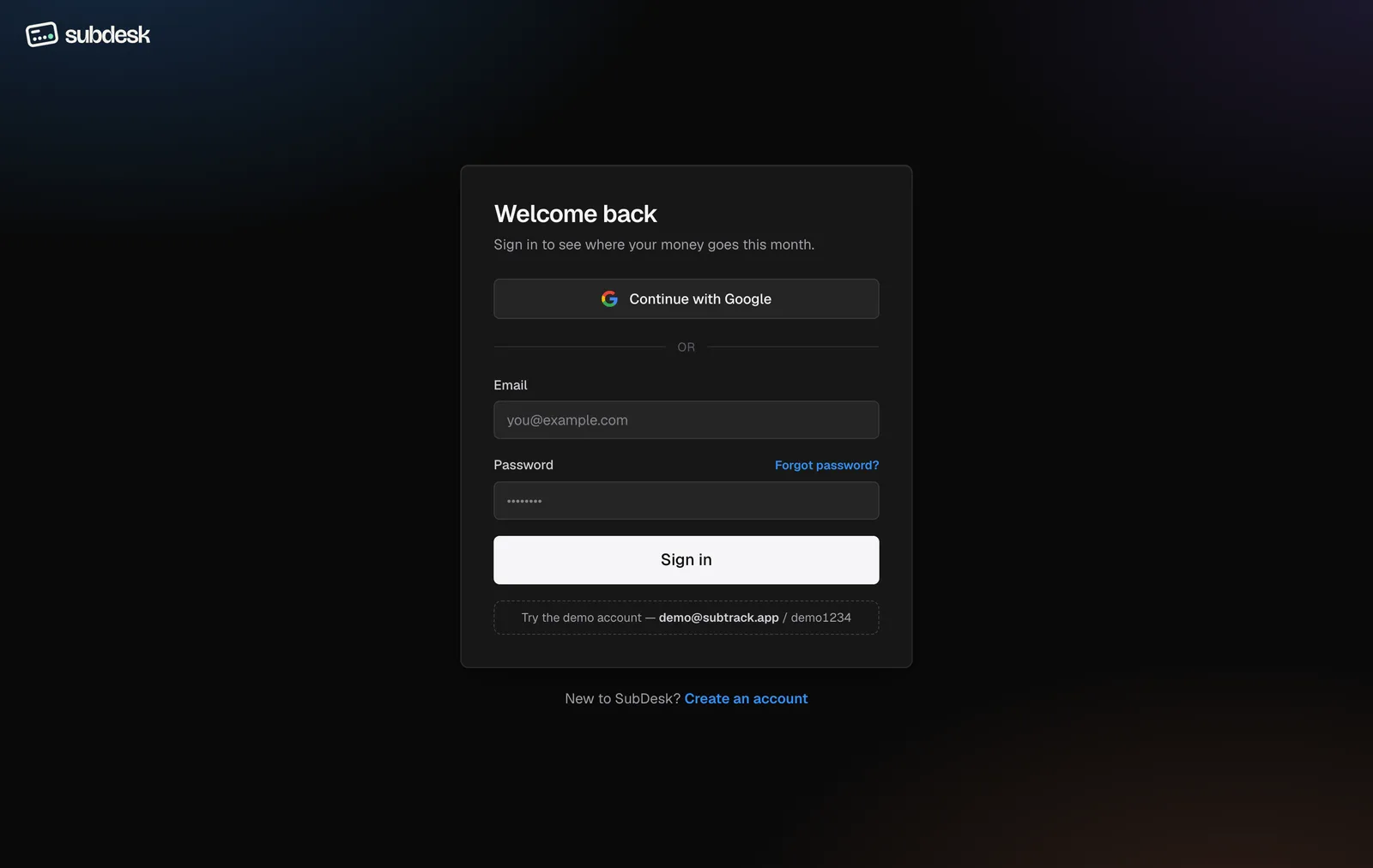 The SubDesk sign-in page with email, password and Continue with Google