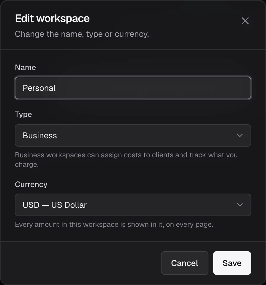 The Edit workspace dialog with the type set to Business