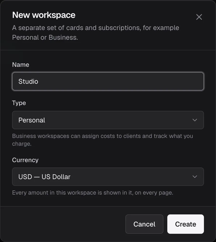 The New workspace dialog: name, type and currency