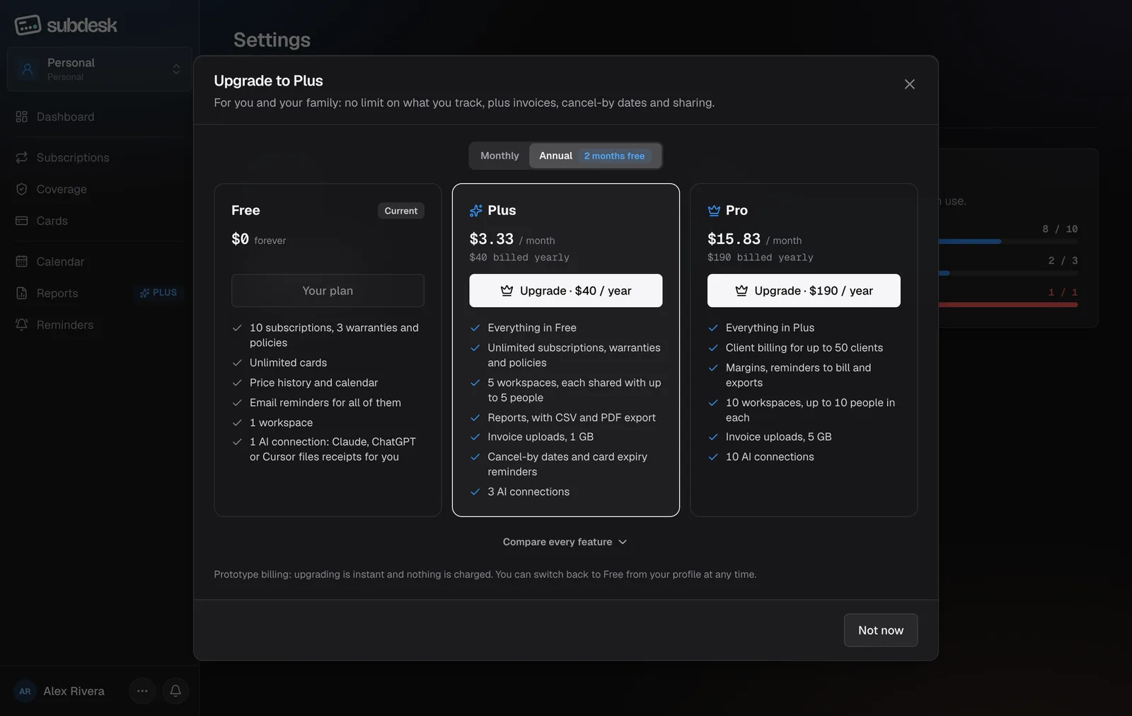 The plans comparison: Free, Plus and Pro side by side with a monthly or annual toggle