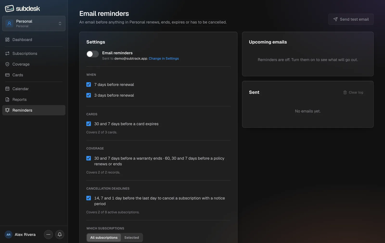 The Email reminders page: the switch, lead times per kind, upcoming emails and the sent log