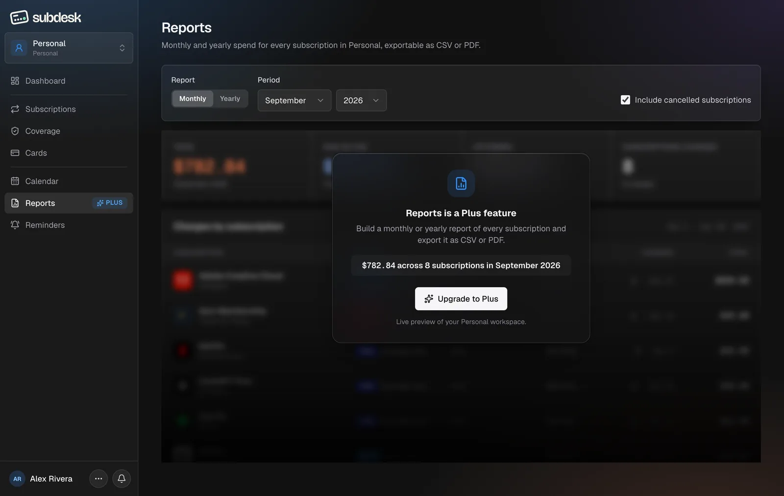 The Reports page on Free: the real report frosted behind an upgrade card