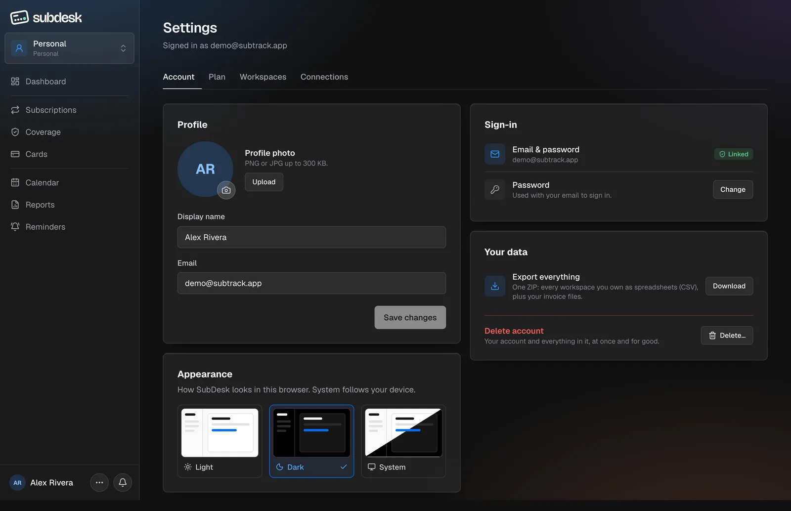 Settings, Account tab: profile, sign-in, appearance and your data