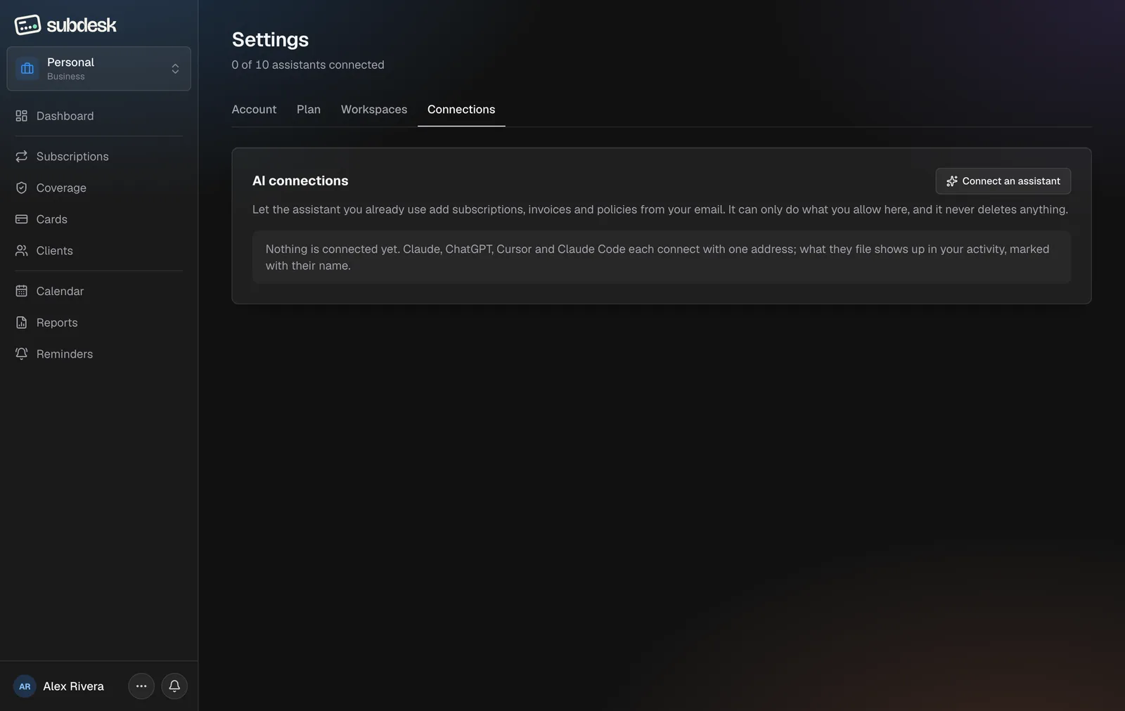Settings, Connections tab, with the AI connections card and nothing connected yet