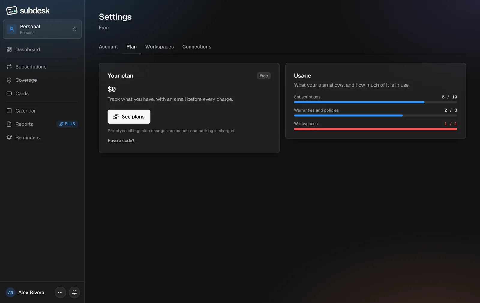 Settings, Plan tab on Free, with usage bars at the cap