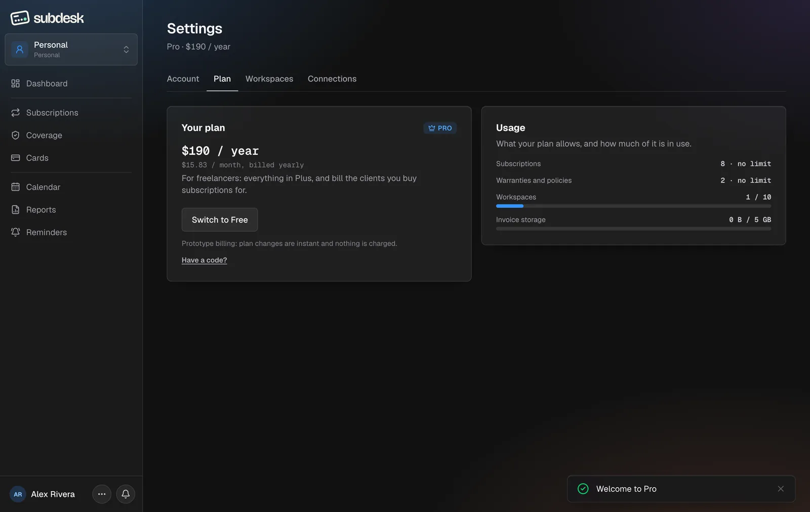 Settings, Plan tab on Pro