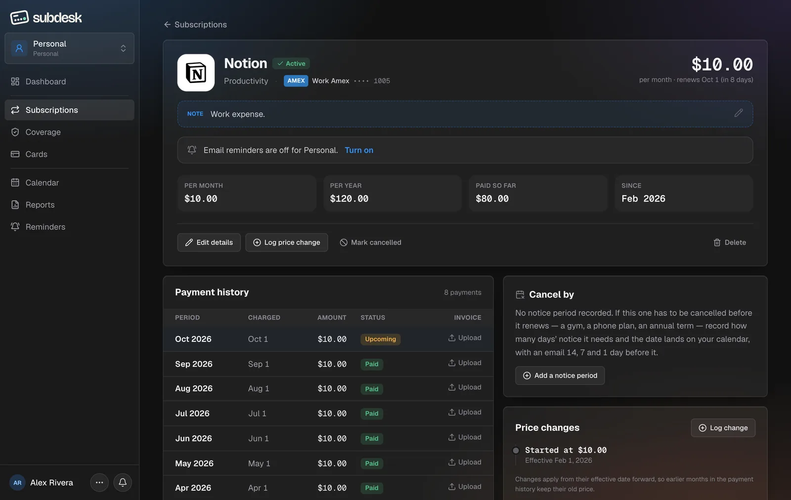 A subscription page: figures, payment history with invoice uploads, cancel-by card and price changes