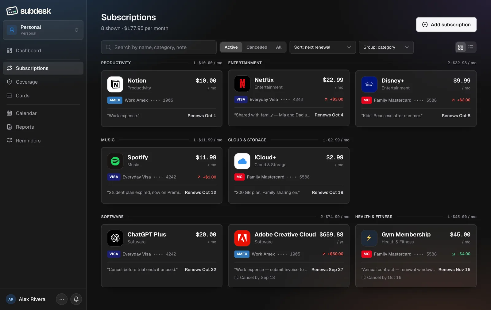 The Subscriptions page, grouped by category, with card, price and next renewal per row