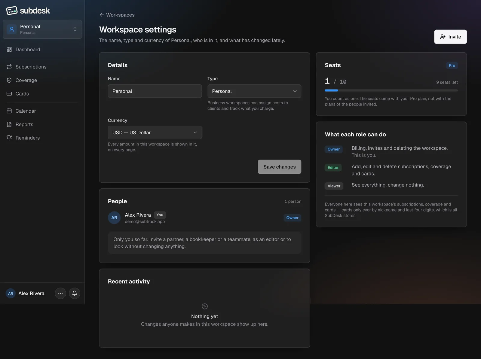 The Workspace settings page: details, seats, what each role can do, people and recent activity